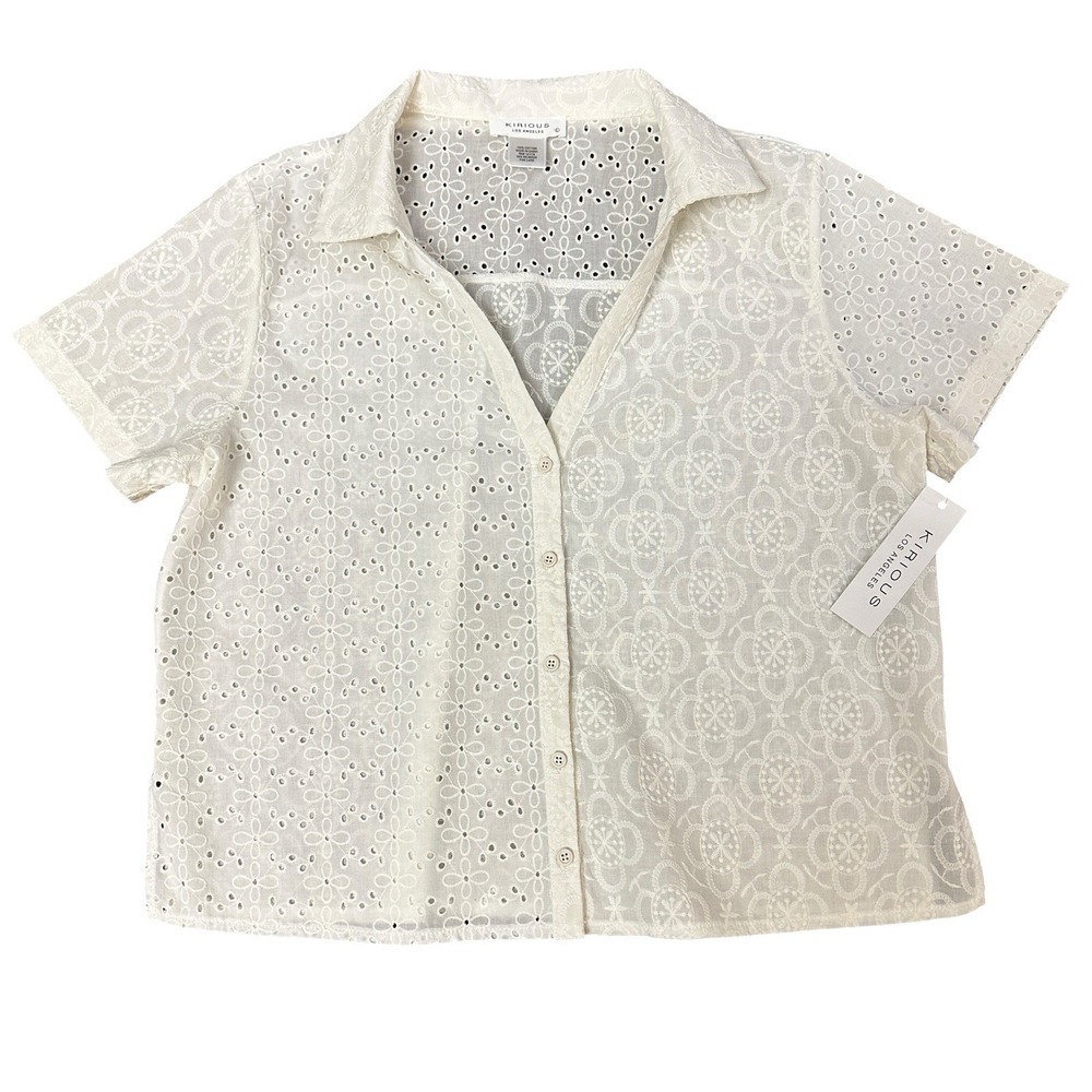 Kirious Los Angeles Women L White Eyelet Embroidered Cotton Button Up Top NWT